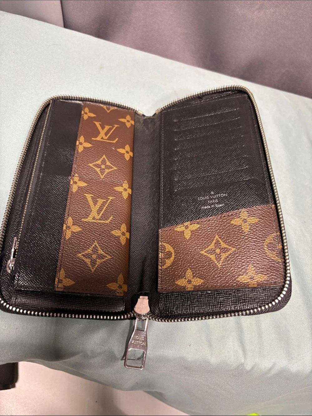 Louis Vuitton Zippy Wallet Vertical Monogram Macassar Canvas Black Leather